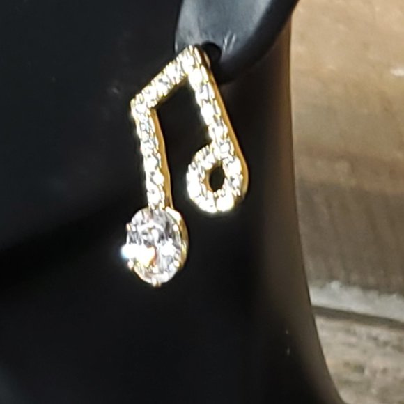 Music Notes Earrings in Gold Zinc Alloy & Crystals.  Beam Quaver, 8th Notes - Picture 12 of 13